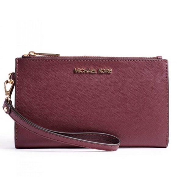Michael Kors Jet Set Travel Large Double Zip Wristlet Wallet Dark Cherry Leather - Picture 1 of 16